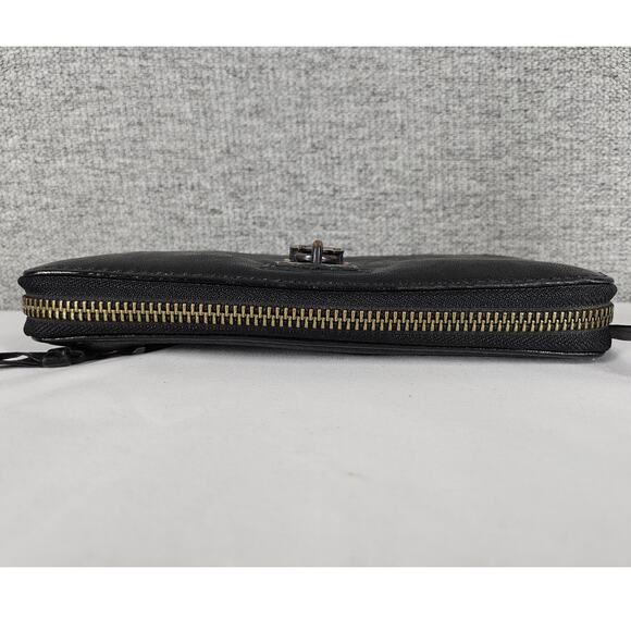 ALL SAINTS DARK BROWN ZIP-AROUND LEATHER WALLET ZIPPER 8" x 4" BRASS LOCK CHARM - Picture 10 of 12